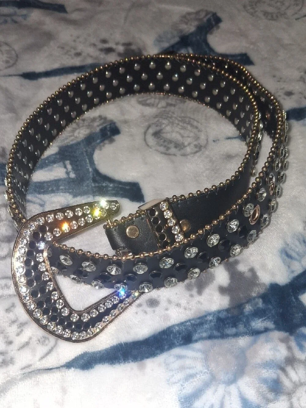 Studded Black Leather Belt with Crystal Accents